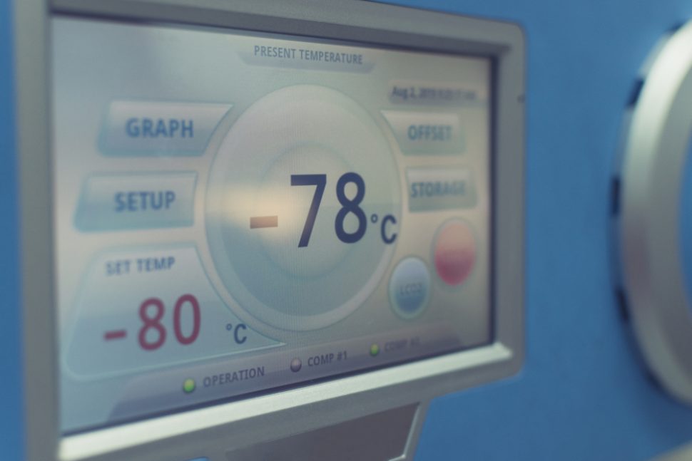 ULT freezer -80 degree celsius for keeping specimens for laboratory testing in hospital. Front of digital refrigerator storage blood from patient for research in university