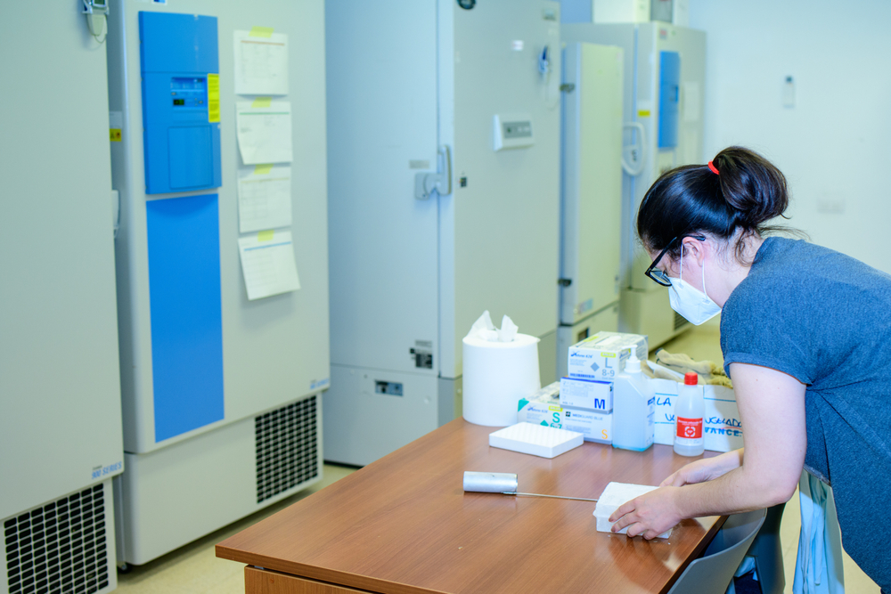 laboratory technician storing specimens in ultra low temperature freezers in a research laboratory